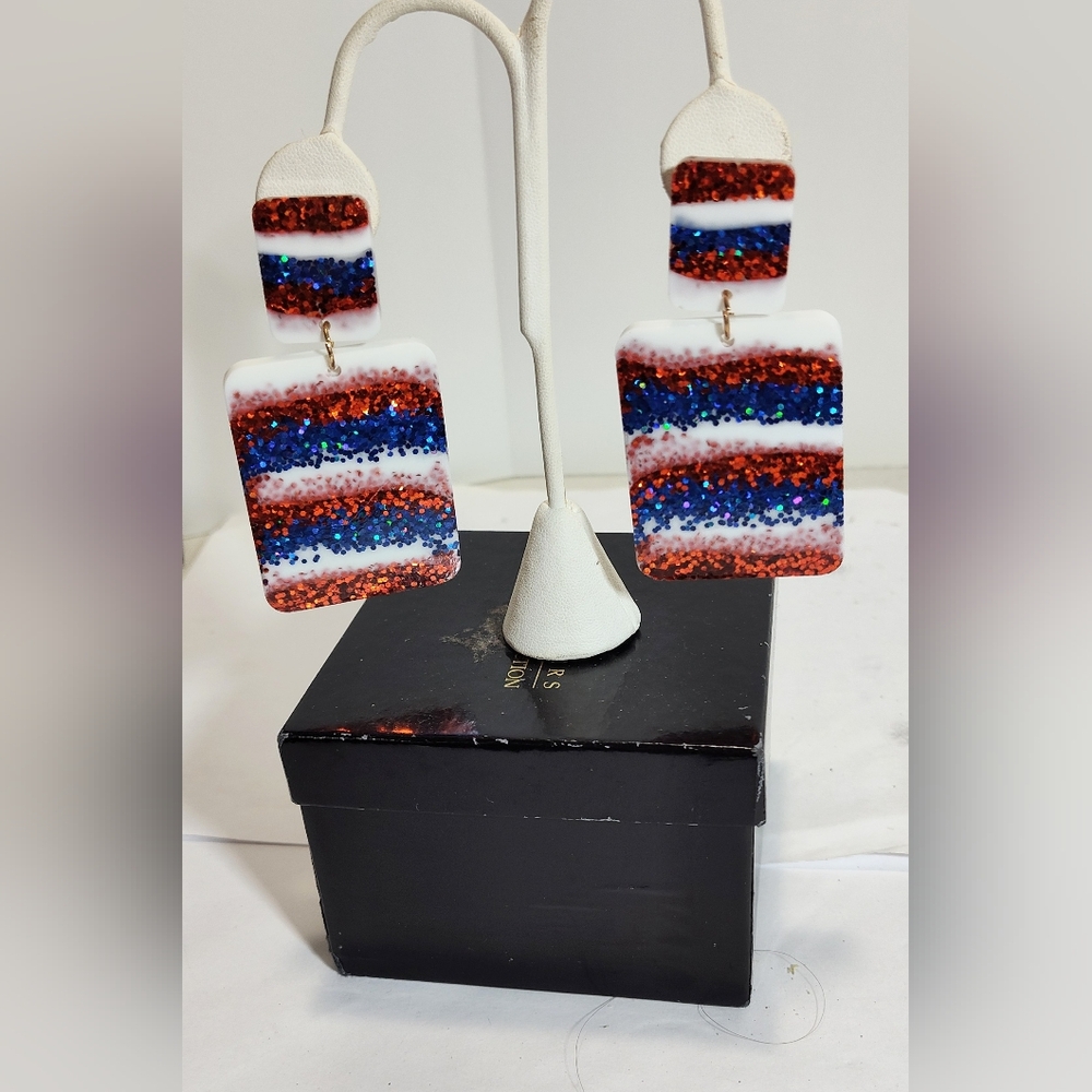Red White Blue Patriotic Multicolor Glitter Rectangle Earrings Nwot